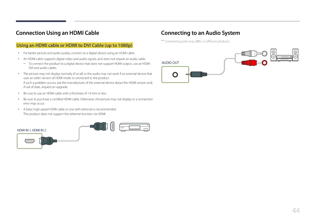 Samsung LH55UDEPLBB/EN, LH46UDEPLBB/EN Connecting to an Audio System, Using an Hdmi cable or Hdmi to DVI Cable up to 1080p 