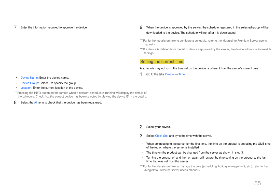 Samsung LH55UDEPLBB/NG, LH55UDEPLBB/EN, LH46UDEPLBB/EN, LH46UDEPLBB/NG manual Setting the current time 