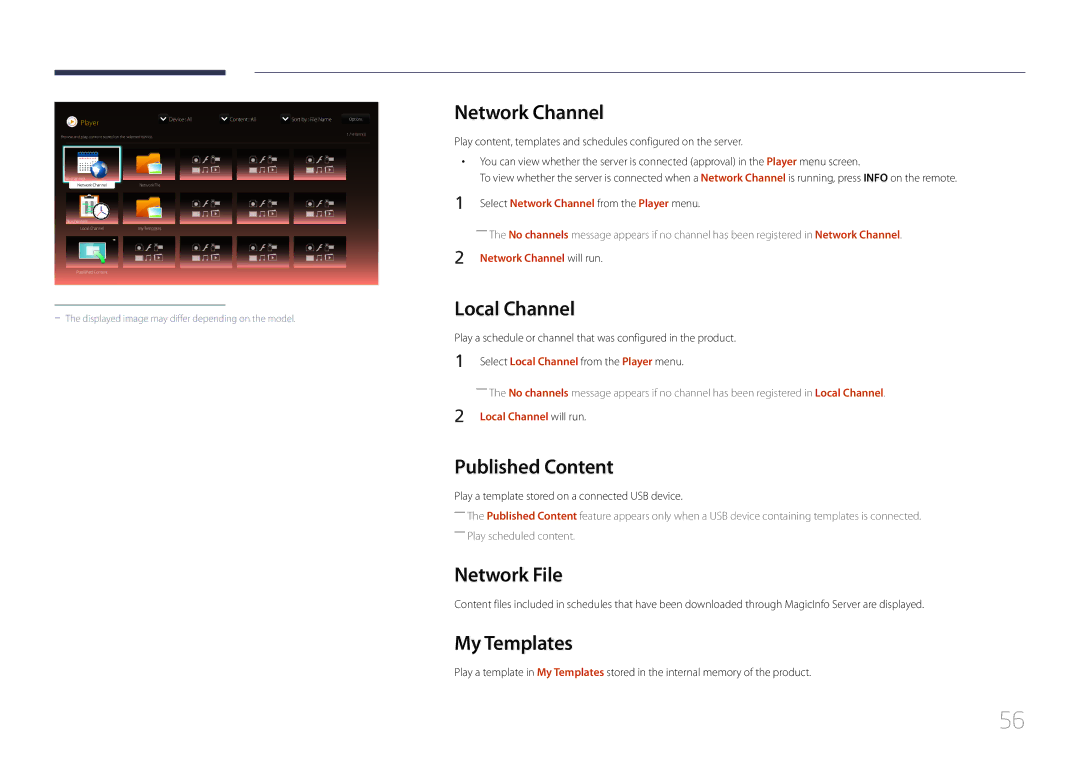 Samsung LH55UDEPLBB/EN, LH46UDEPLBB/EN manual Network Channel, Local Channel, Published Content, Network File, My Templates 