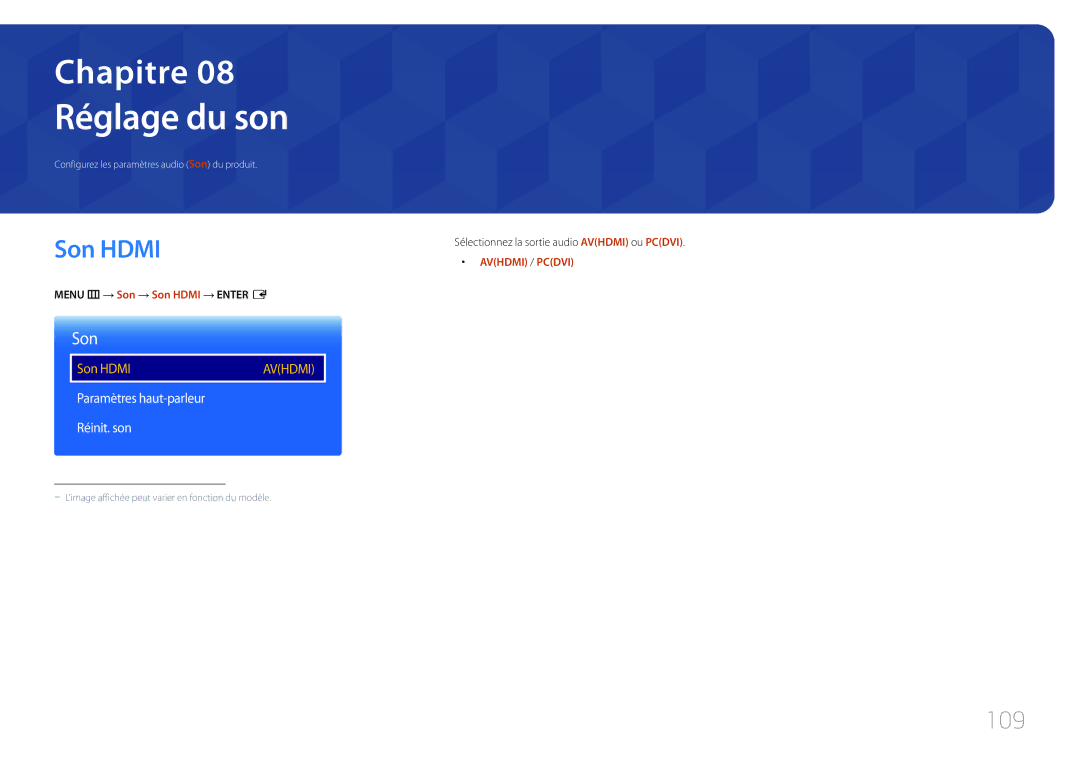 Samsung LH46UDEPLBB/EN, LH55UDEPLBB/EN manual Réglage du son, Son Hdmi, 109, Paramètres haut-parleur Réinit. son 