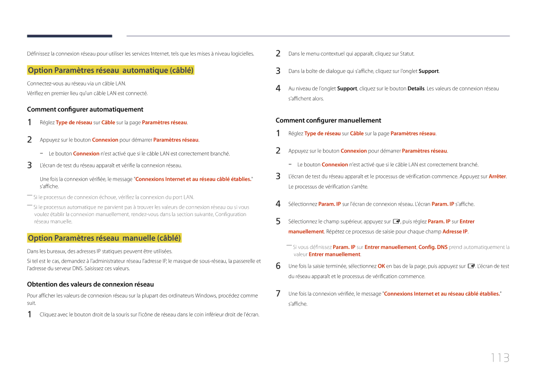 Samsung LH46UDEPLBB/EN manual 113, Option Paramètres réseau automatique câblé, Option Paramètres réseau manuelle câblé 