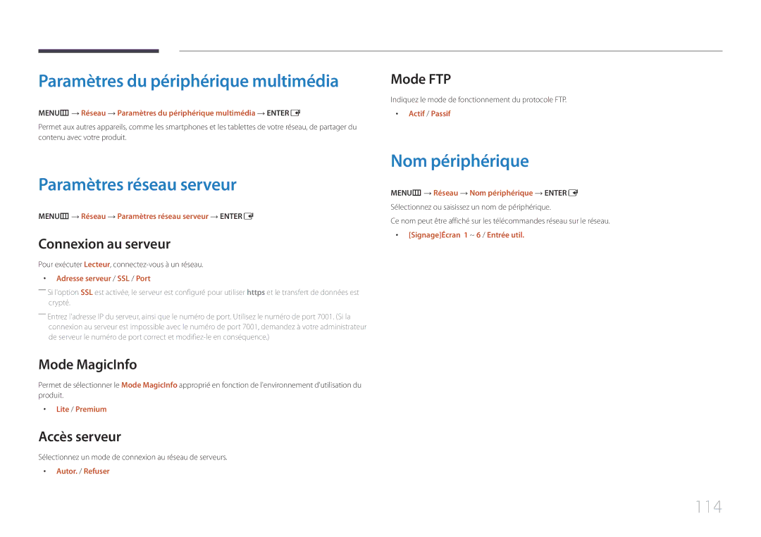 Samsung LH55UDEPLBB/EN, LH46UDEPLBB/EN manual Paramètres réseau serveur, Nom périphérique, 114 