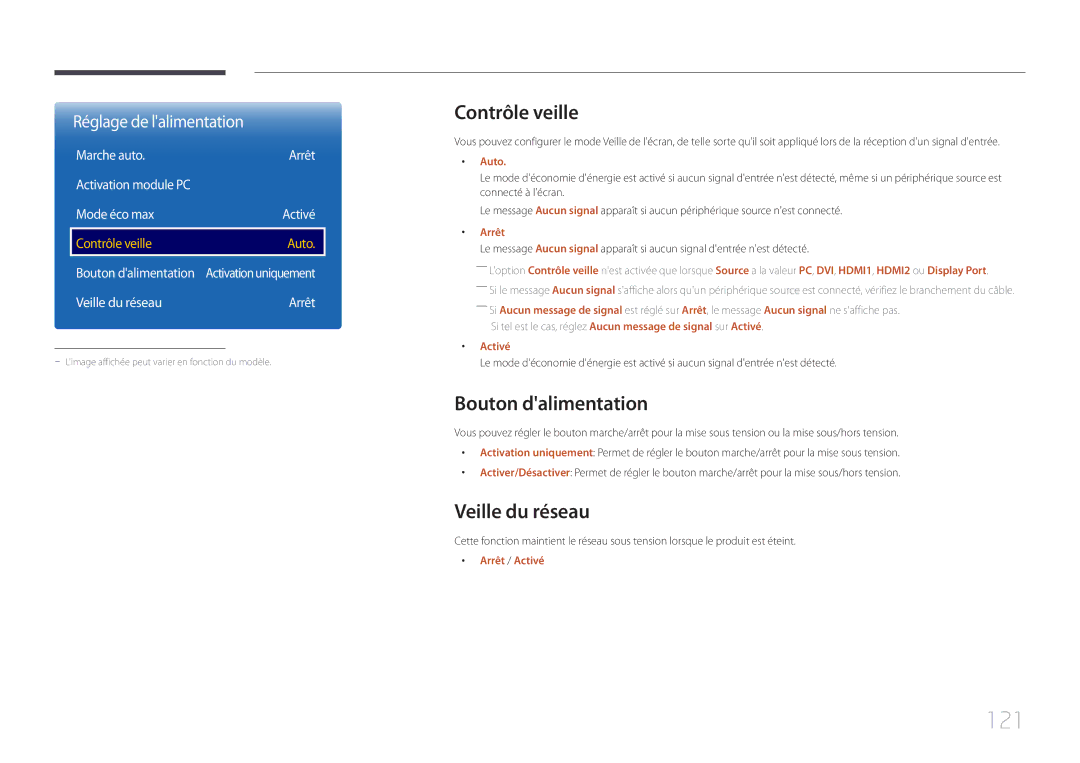 Samsung LH46UDEPLBB/EN, LH55UDEPLBB/EN manual 121, Contrôle veille, Bouton dalimentation, Veille du réseau 