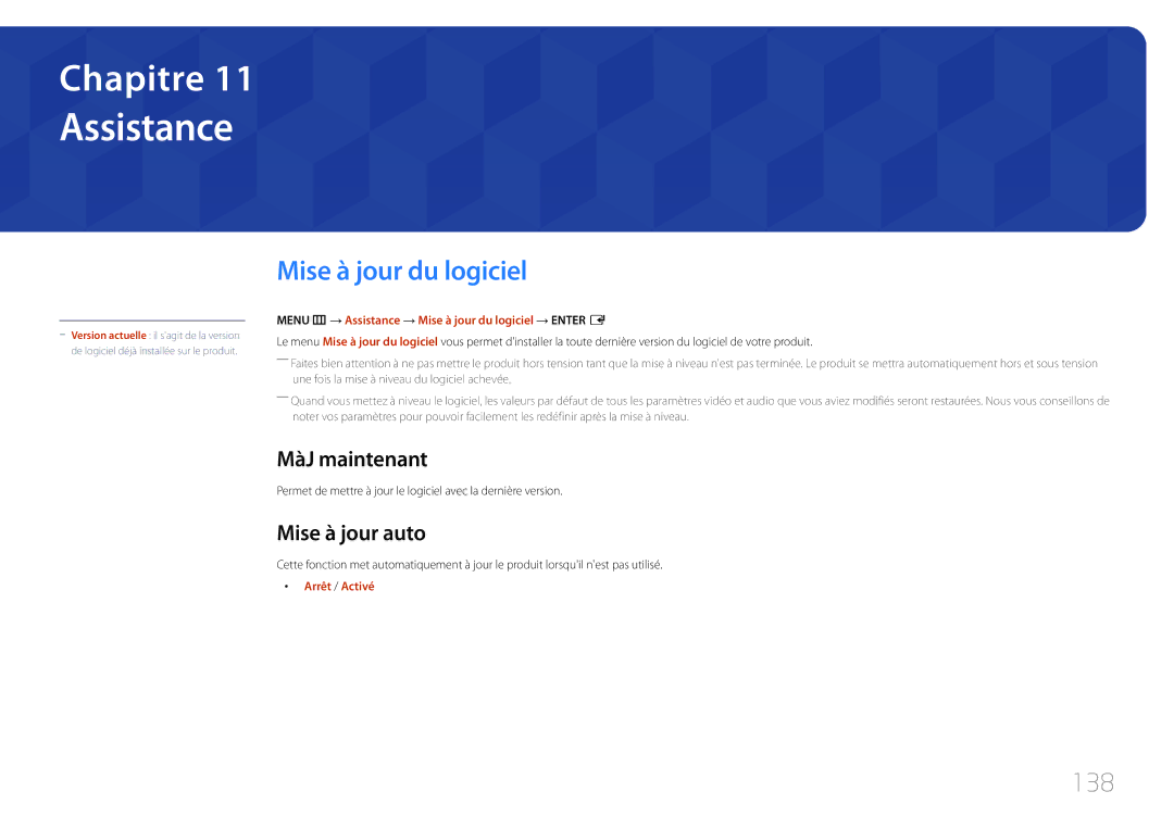 Samsung LH55UDEPLBB/EN, LH46UDEPLBB/EN manual Assistance, Mise à jour du logiciel, 138, MàJ maintenant, Mise à jour auto 