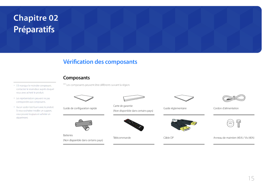 Samsung LH46UDEPLBB/EN, LH55UDEPLBB/EN manual Préparatifs, Vérification des composants, Composants, Télécommande 