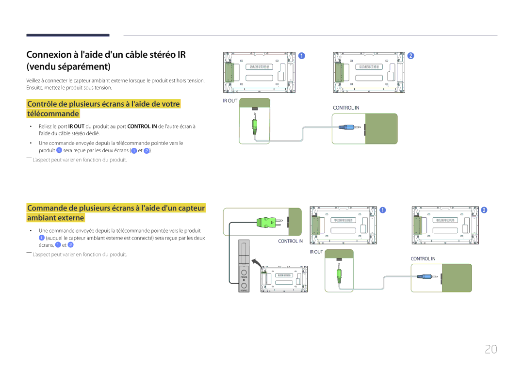 Samsung LH55UDEPLBB/EN, LH46UDEPLBB/EN manual Connexion à laide dun câble stéréo IR vendu séparément 