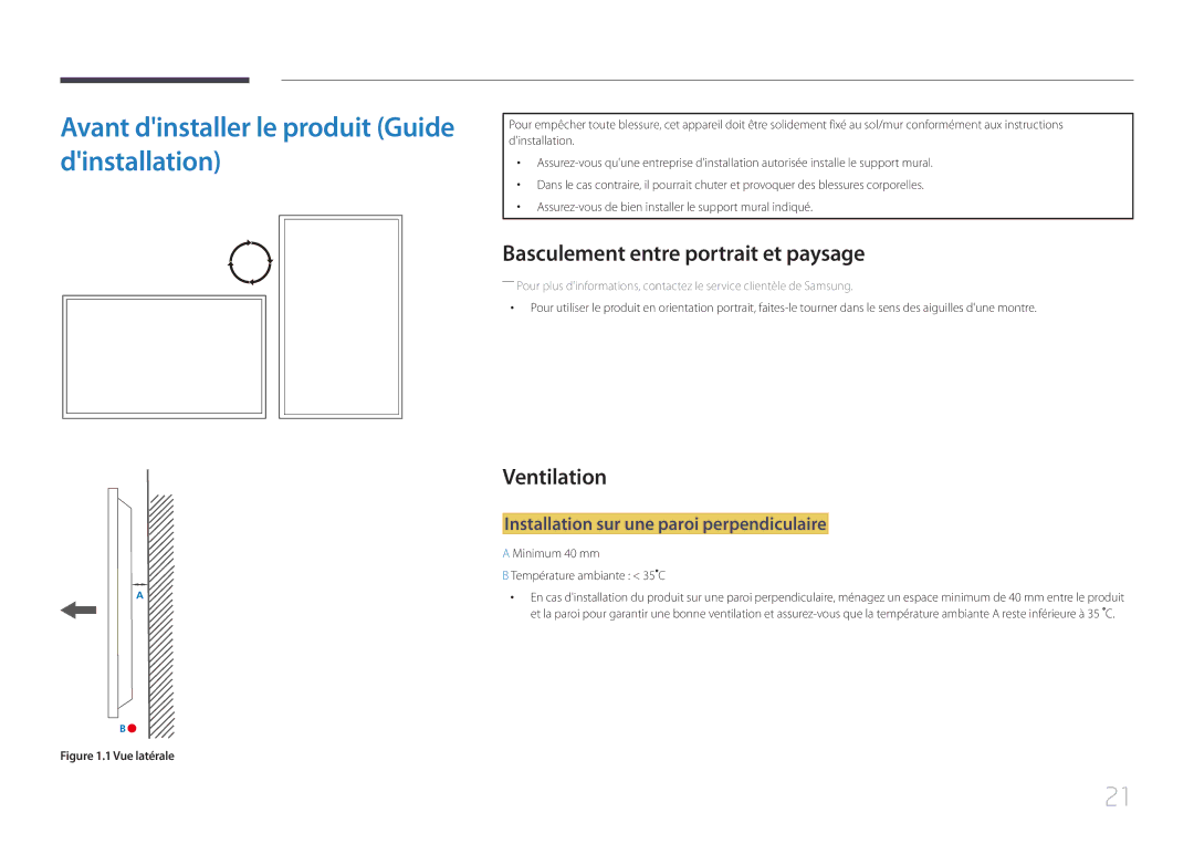 Samsung LH46UDEPLBB/EN Avant dinstaller le produit Guide dinstallation, Basculement entre portrait et paysage, Ventilation 