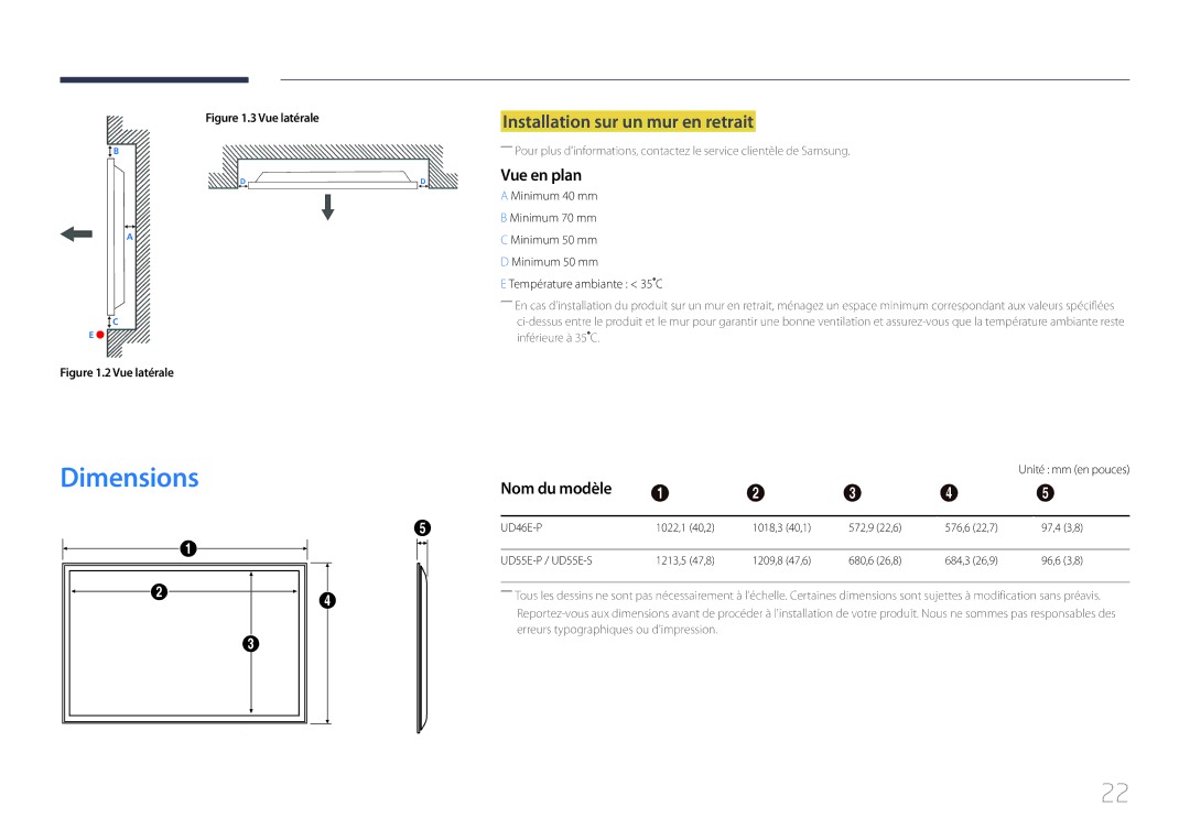 Samsung LH55UDEPLBB/EN, LH46UDEPLBB/EN manual Dimensions, Installation sur un mur en retrait, Vue en plan, Nom du modèle 