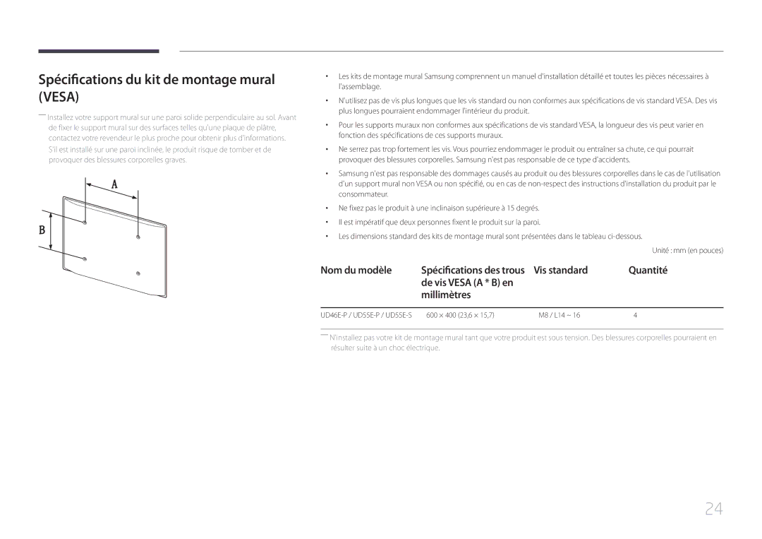 Samsung LH55UDEPLBB/EN, LH46UDEPLBB/EN manual Spécifications du kit de montage mural Vesa, Quantité, Millimètres 