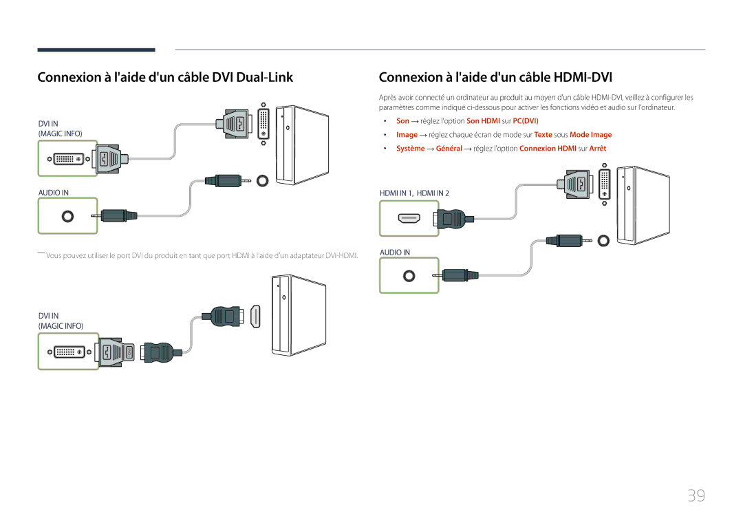 Samsung LH46UDEPLBB/EN, LH55UDEPLBB/EN Connexion à laide dun câble DVI Dual-Link, Connexion à laide dun câble HDMI-DVI 