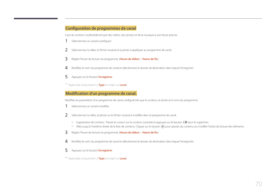 Samsung LH55UDEPLBB/EN, LH46UDEPLBB/EN manual Configuration de programmes de canal, Modification dun programme de canal 