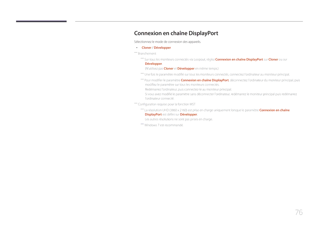 Samsung LH55UDEPLBB/EN, LH46UDEPLBB/EN Connexion en chaîne DisplayPort, Sélectionnez le mode de connexion des appareils 