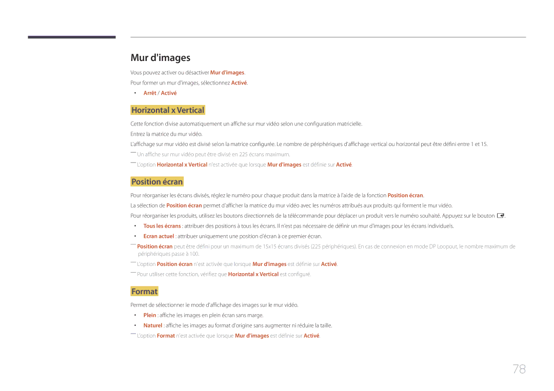 Samsung LH55UDEPLBB/EN, LH46UDEPLBB/EN manual Mur dimages, Horizontal x Vertical, Position écran, Format, Arrêt / Activé 