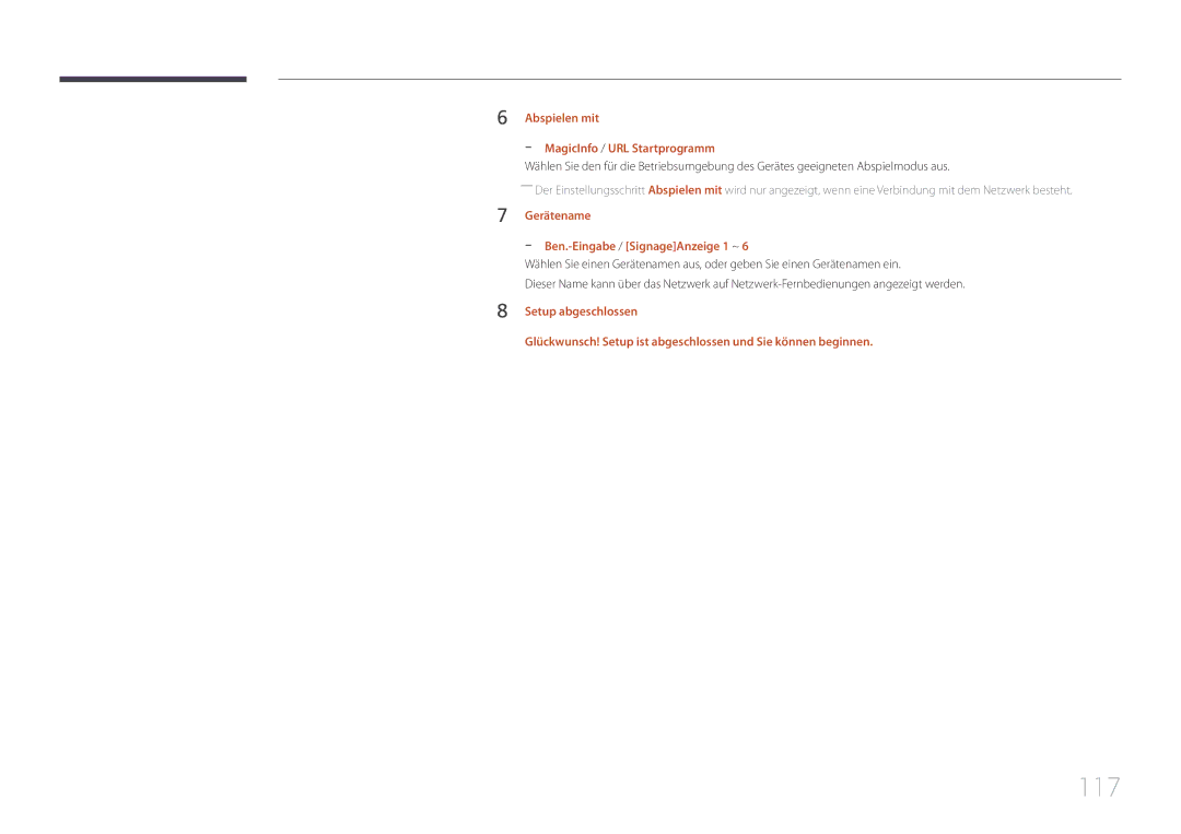 Samsung LH46UDEPLBB/EN manual 117, Abspielen mit MagicInfo / URL Startprogramm, Gerätename Ben.-Eingabe /SignageAnzeige 1 ~ 