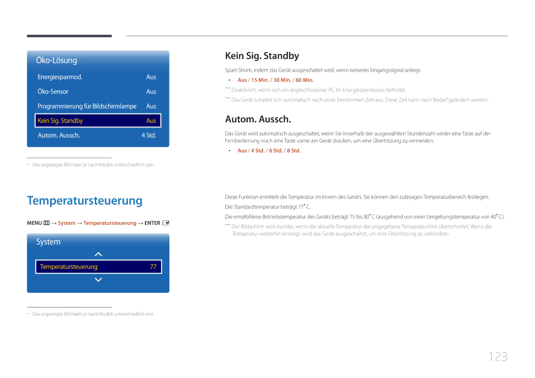 Samsung LH46UDEPLBB/EN manual Temperatursteuerung, 123, Kein Sig. Standby, Autom. Aussch, Energiesparmod Aus Öko-Sensor 