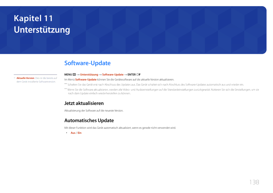 Samsung LH55UDEPLBB/EN, LH46UDEPLBB/EN manual Unterstützung, Software-Update, 138, Jetzt aktualisieren, Automatisches Update 