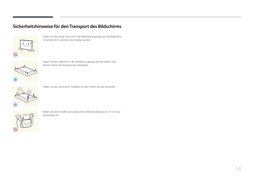 Samsung LH55UDEPLBB/EN, LH46UDEPLBB/EN manual Sicherheitshinweise für den Transport des Bildschirms 