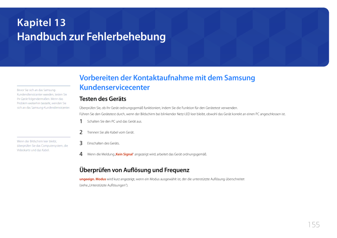 Samsung LH46UDEPLBB/EN manual Handbuch zur Fehlerbehebung, 155, Testen des Geräts, Überprüfen von Auflösung und Frequenz 