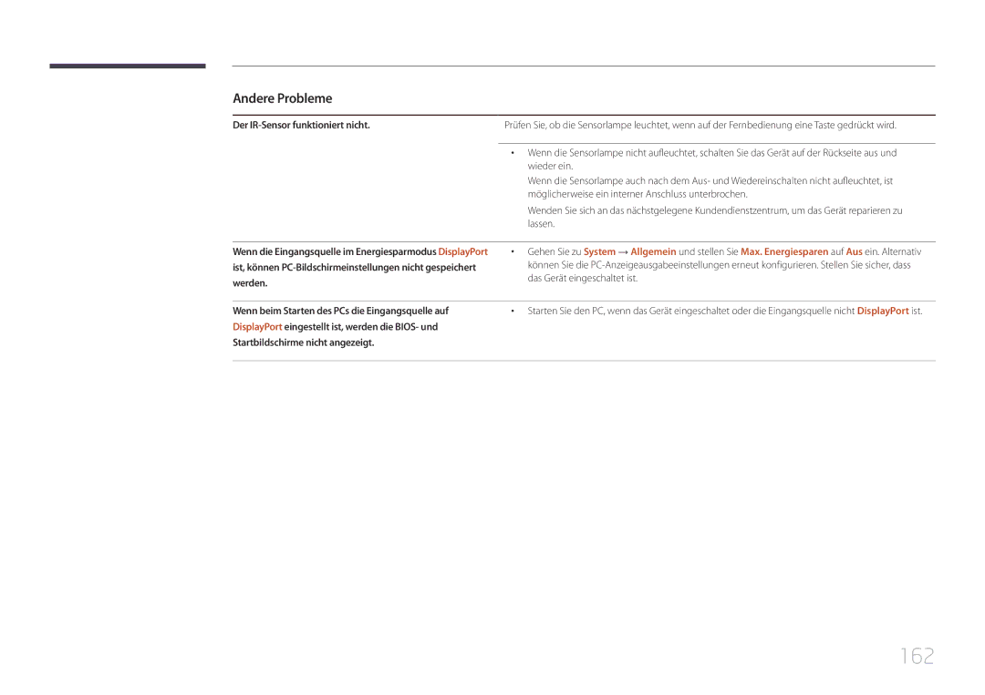 Samsung LH55UDEPLBB/EN, LH46UDEPLBB/EN manual 162, Der IR-Sensor funktioniert nicht, Werden, Das Gerät eingeschaltet ist 