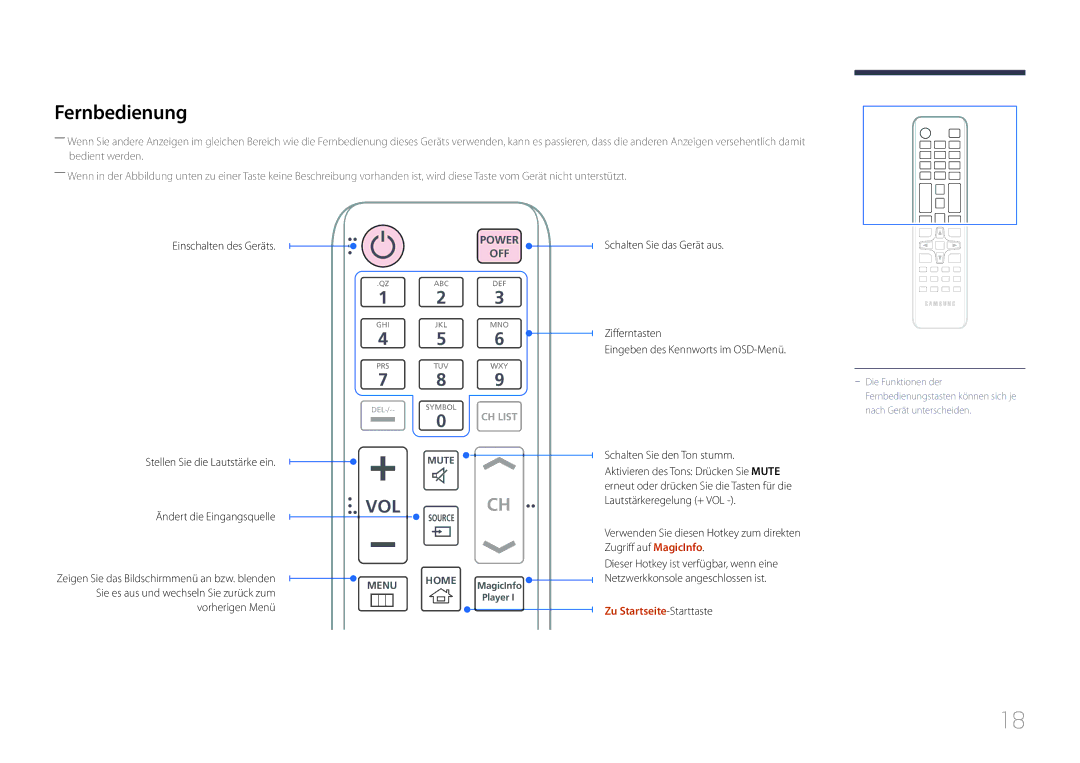 Samsung LH55UDEPLBB/EN, LH46UDEPLBB/EN manual Fernbedienung, Zu Startseite-Starttaste 