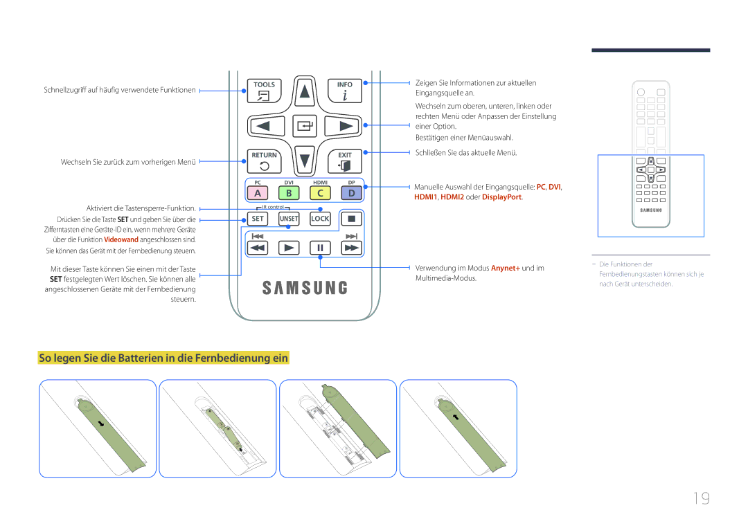 Samsung LH46UDEPLBB/EN, LH55UDEPLBB/EN manual So legen Sie die Batterien in die Fernbedienung ein, Steuern 