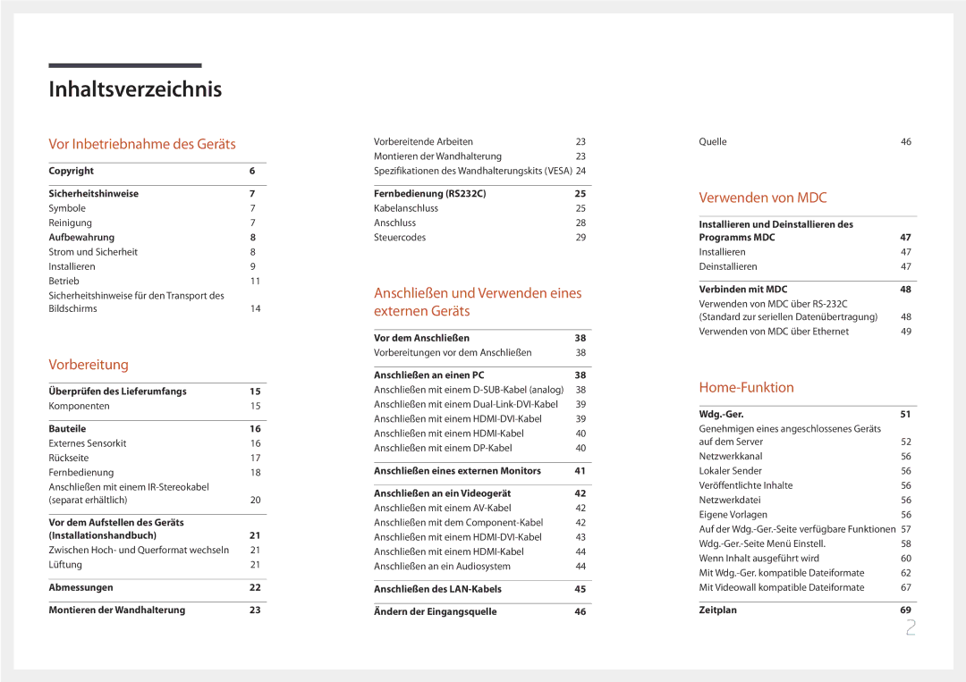 Samsung LH55UDEPLBB/EN, LH46UDEPLBB/EN manual Inhaltsverzeichnis 