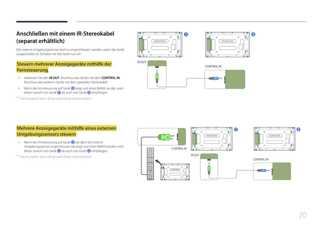 Samsung LH55UDEPLBB/EN, LH46UDEPLBB/EN manual Anschließen mit einem IR-Stereokabel separat erhältlich 