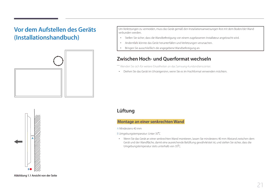 Samsung LH46UDEPLBB/EN, LH55UDEPLBB/EN Zwischen Hoch- und Querformat wechseln, Lüftung, Montage an einer senkrechten Wand 