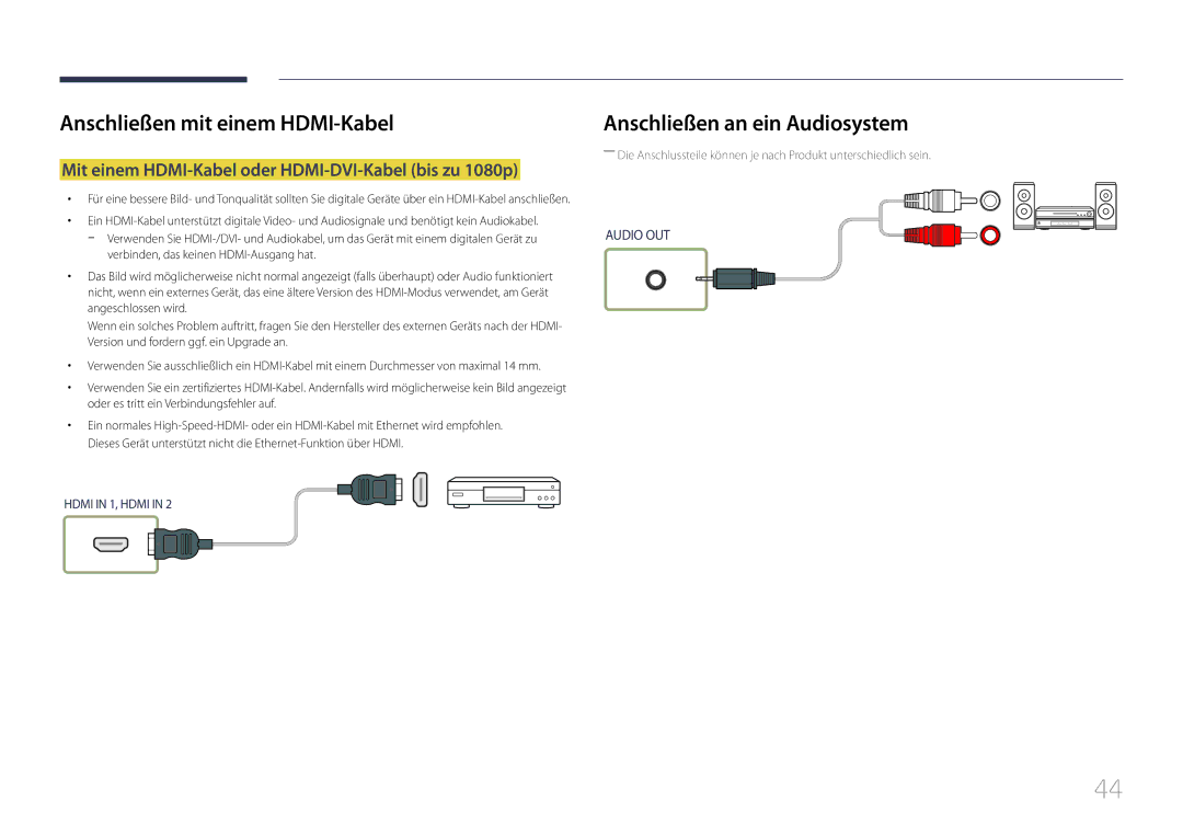 Samsung LH55UDEPLBB/EN manual Anschließen an ein Audiosystem, Mit einem HDMI-Kabel oder HDMI-DVI-Kabel bis zu 1080p 