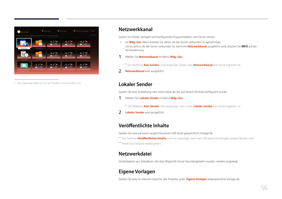 Samsung LH55UDEPLBB/EN manual Netzwerkkanal, Lokaler Sender, Veröffentlichte Inhalte, Netzwerkdatei, Eigene Vorlagen 