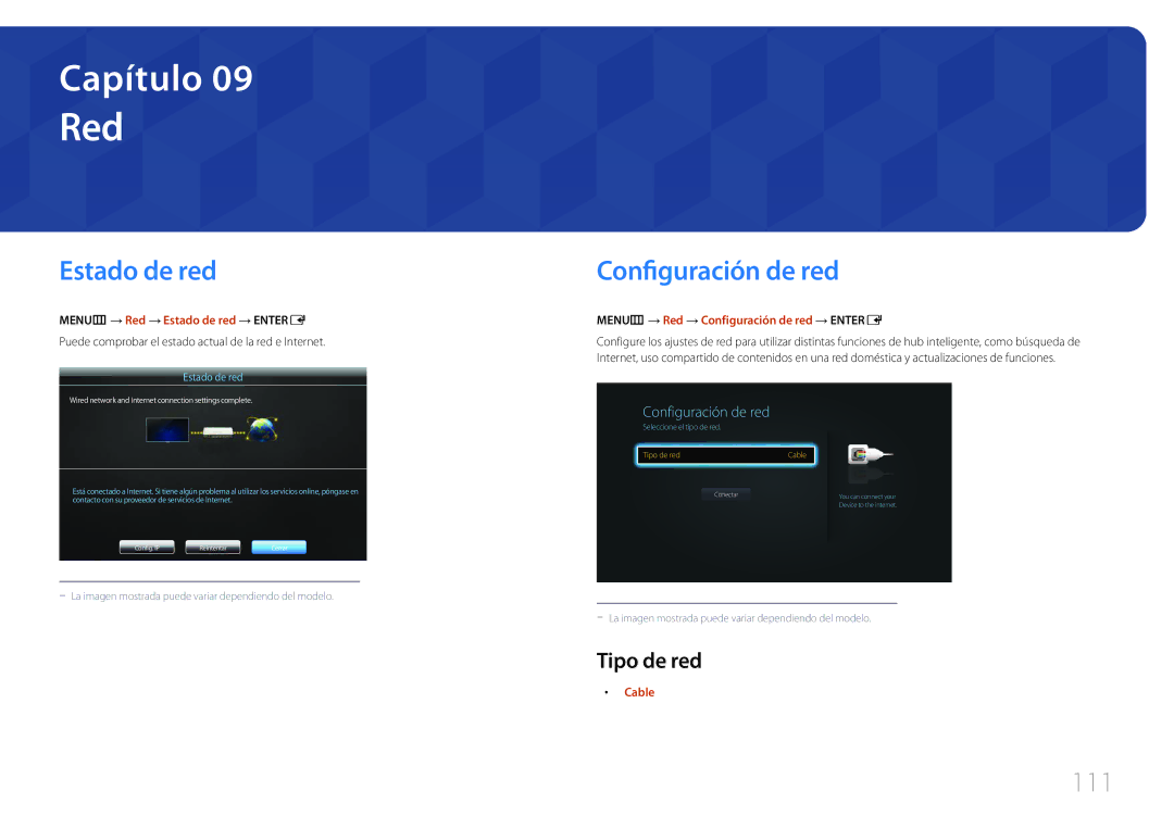 Samsung LH46UDEPLBB/EN, LH55UDEPLBB/EN manual Red, Configuración de red, 111, Tipo de red 