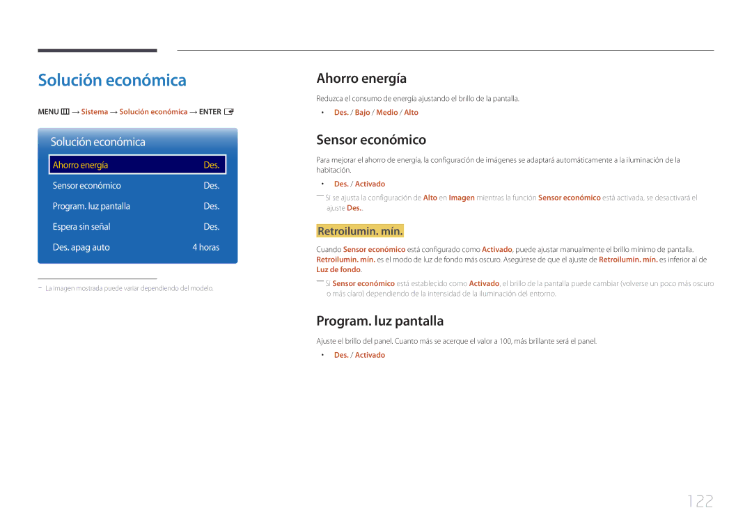 Samsung LH55UDEPLBB/EN, LH46UDEPLBB/EN Solución económica, 122, Ahorro energía, Sensor económico, Program. luz pantalla 