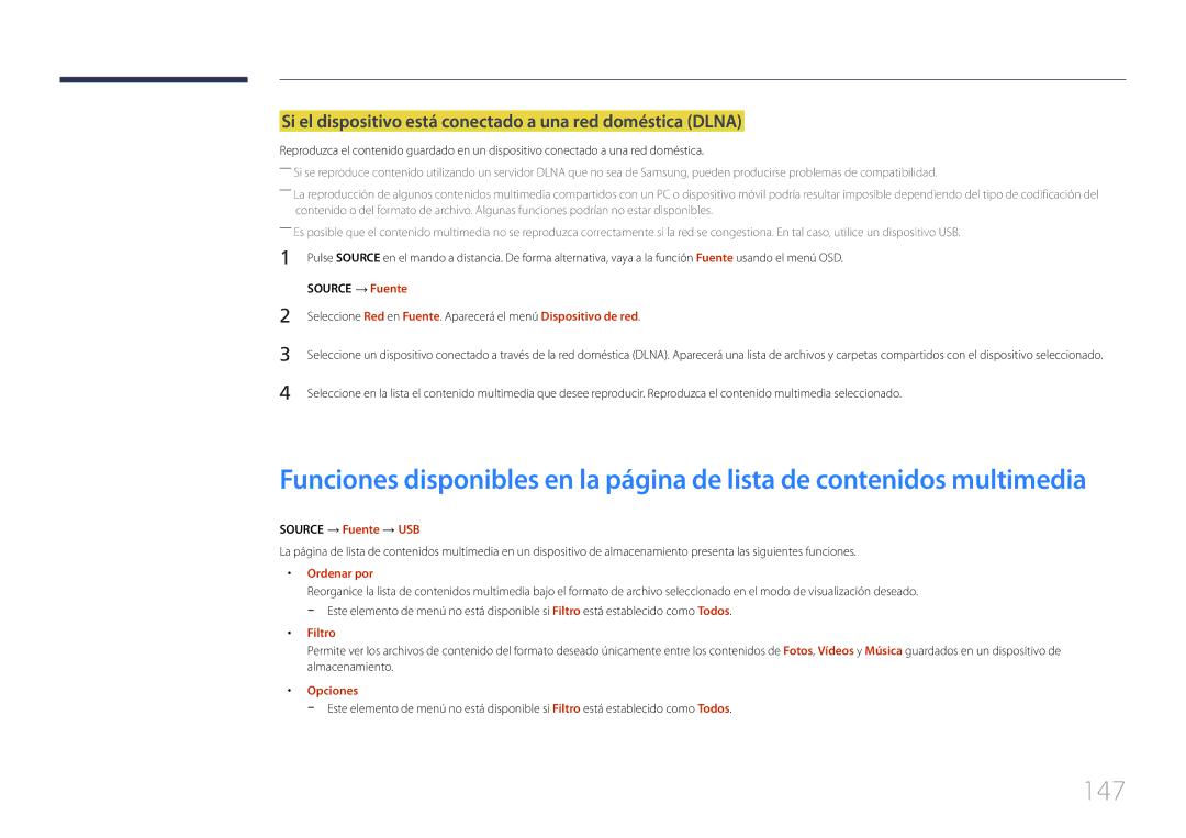 Samsung LH46UDEPLBB/EN manual 147, Si el dispositivo está conectado a una red doméstica Dlna, Source → Fuente → USB 