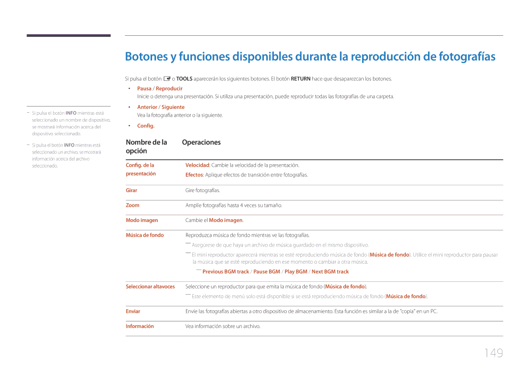 Samsung LH46UDEPLBB/EN, LH55UDEPLBB/EN manual 149, Nombre de la Operaciones Opción 