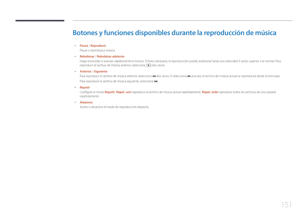 Samsung LH46UDEPLBB/EN manual 151, Pause o reproduzca música, Active o desactive el modo de reproducción aleatoria 