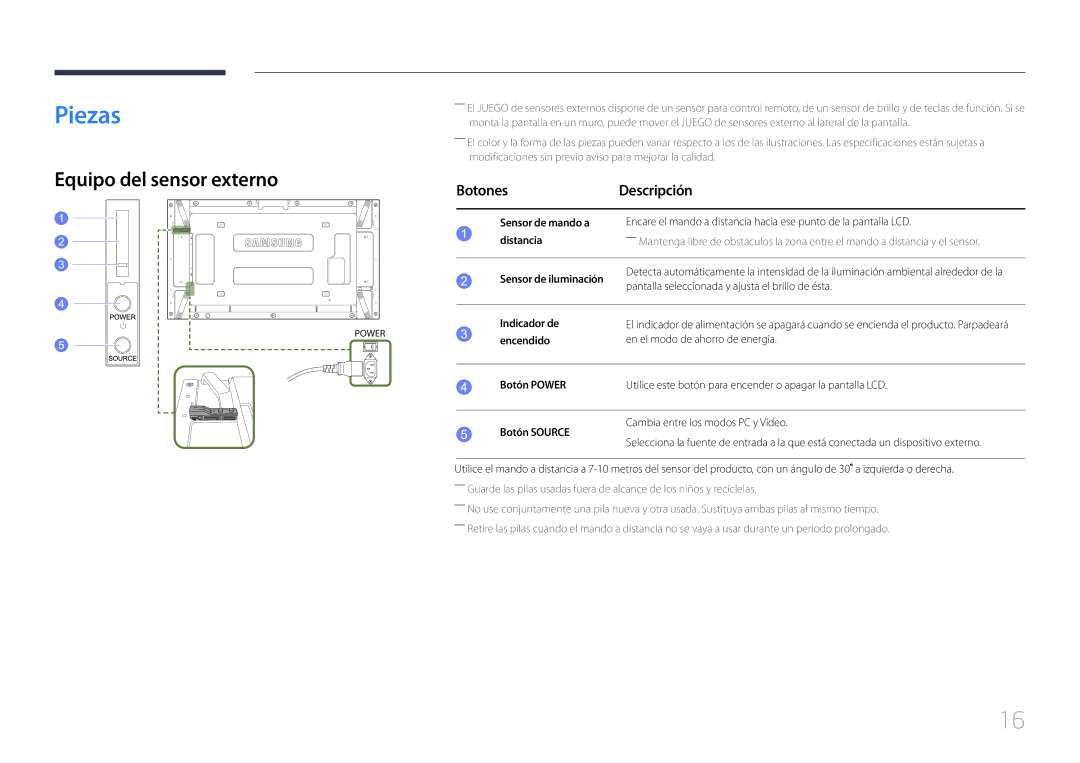 Samsung LH55UDEPLBB/EN, LH46UDEPLBB/EN manual Piezas, Equipo del sensor externo, BotonesDescripción 