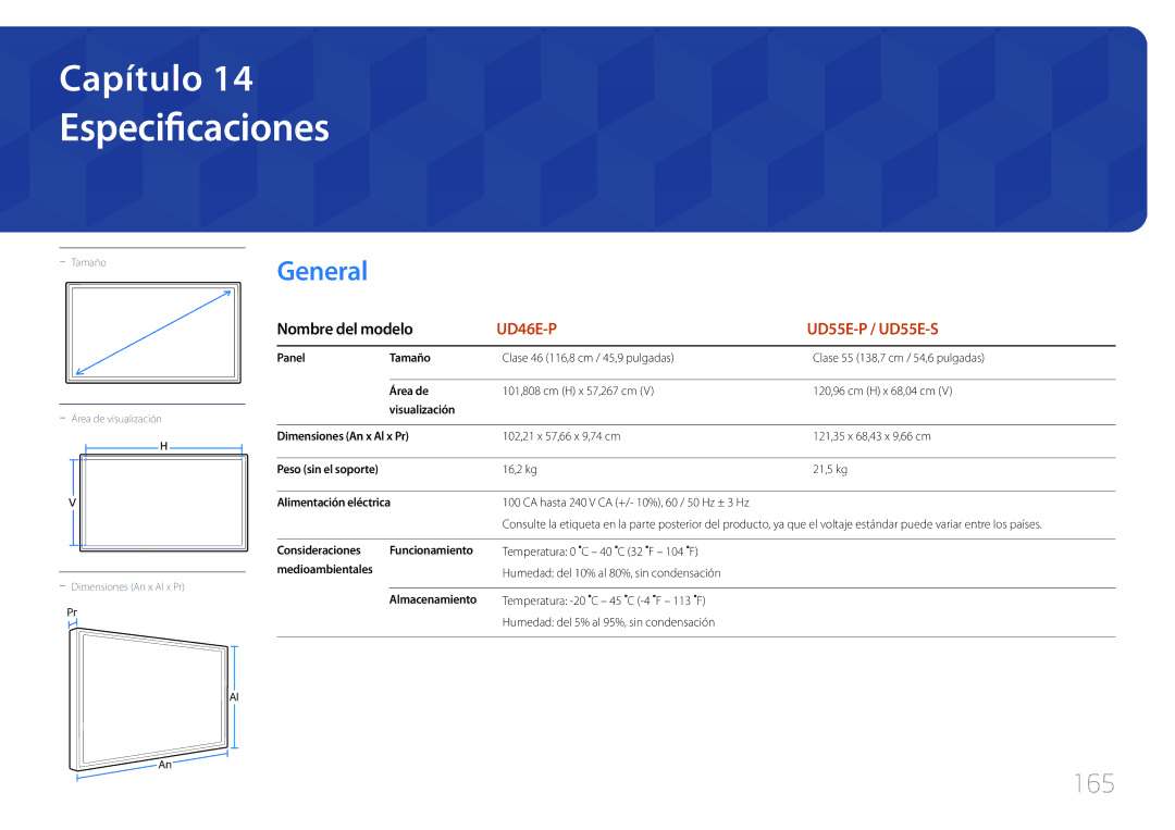 Samsung LH46UDEPLBB/EN, LH55UDEPLBB/EN manual Especificaciones, 165 