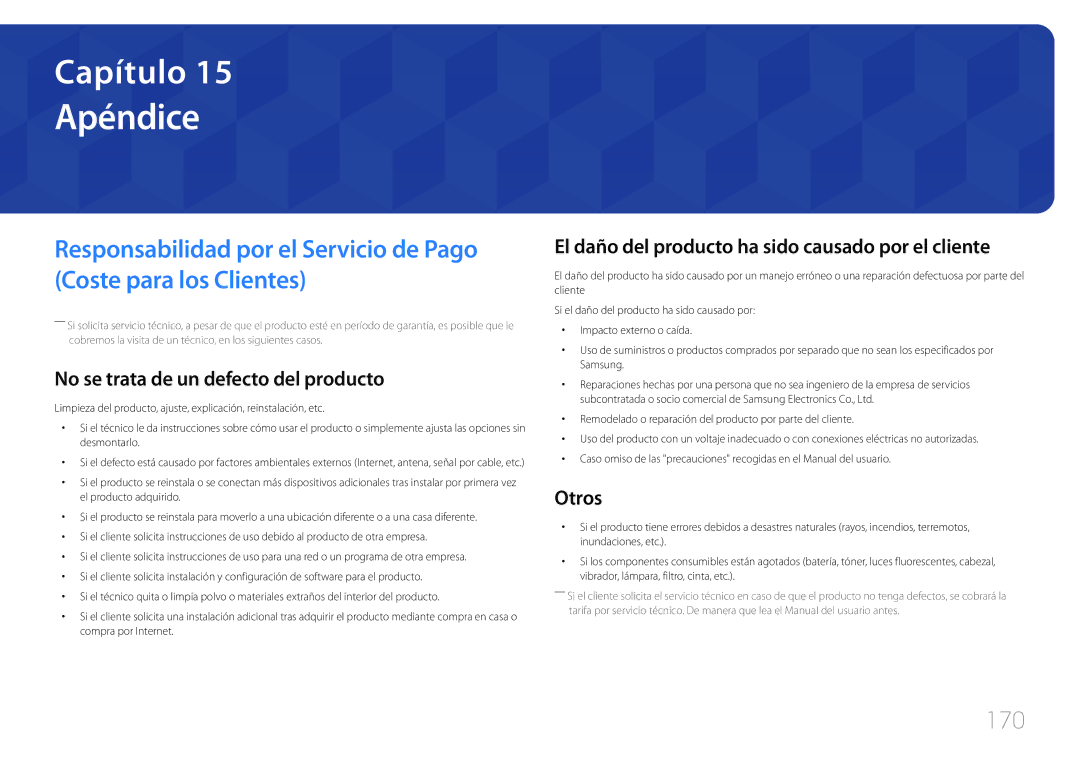 Samsung LH55UDEPLBB/EN, LH46UDEPLBB/EN manual Apéndice, 170, No se trata de un defecto del producto, Otros 