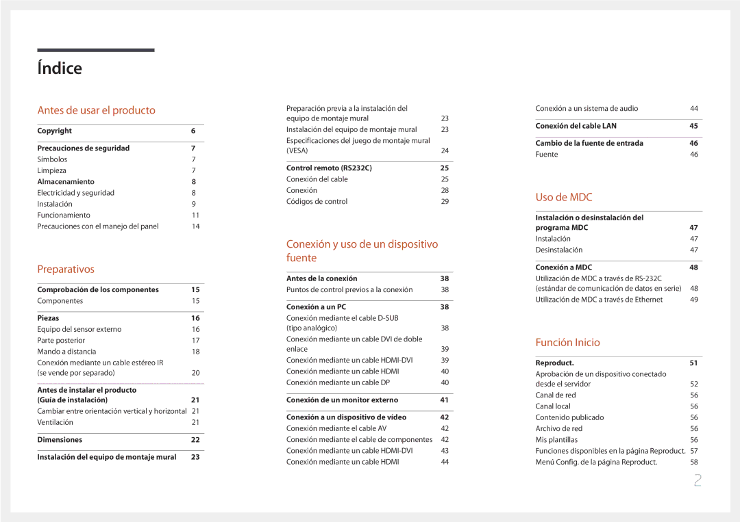 Samsung LH55UDEPLBB/EN, LH46UDEPLBB/EN manual Índice 