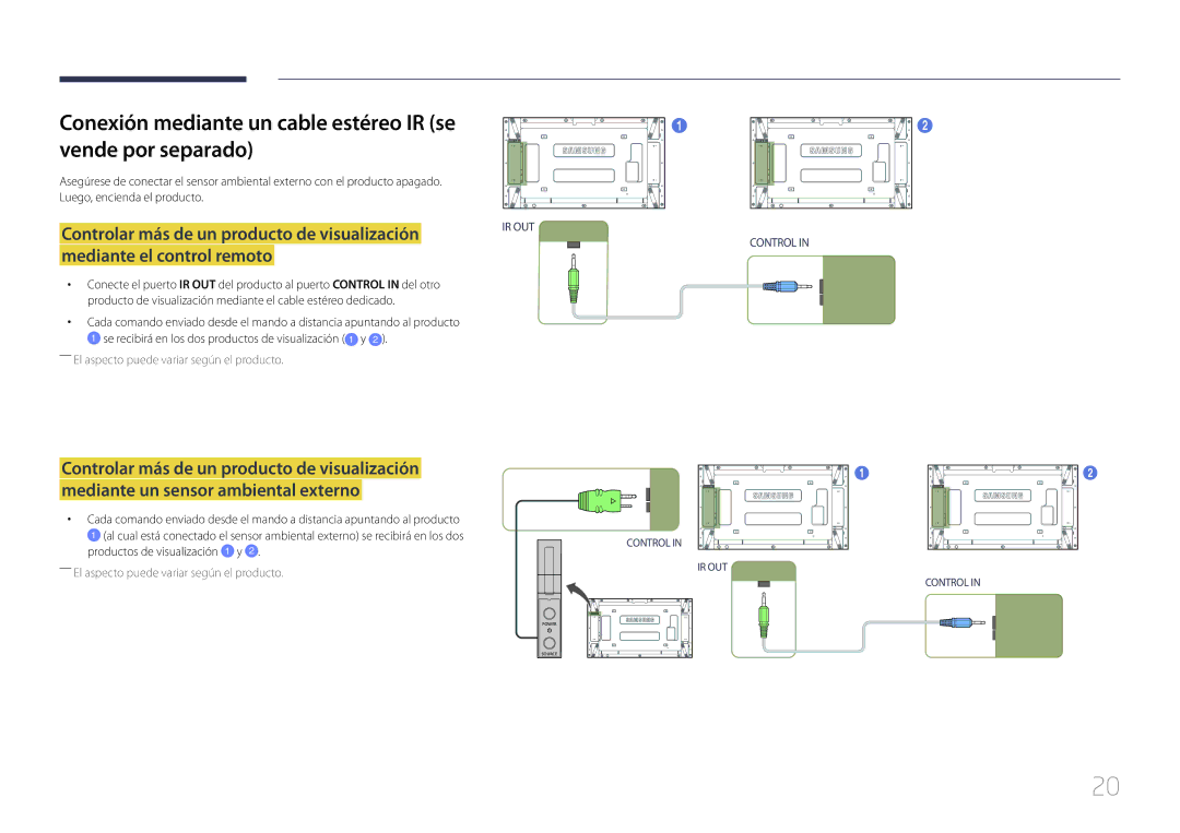 Samsung LH55UDEPLBB/EN, LH46UDEPLBB/EN manual Conexión mediante un cable estéreo IR se vende por separado 