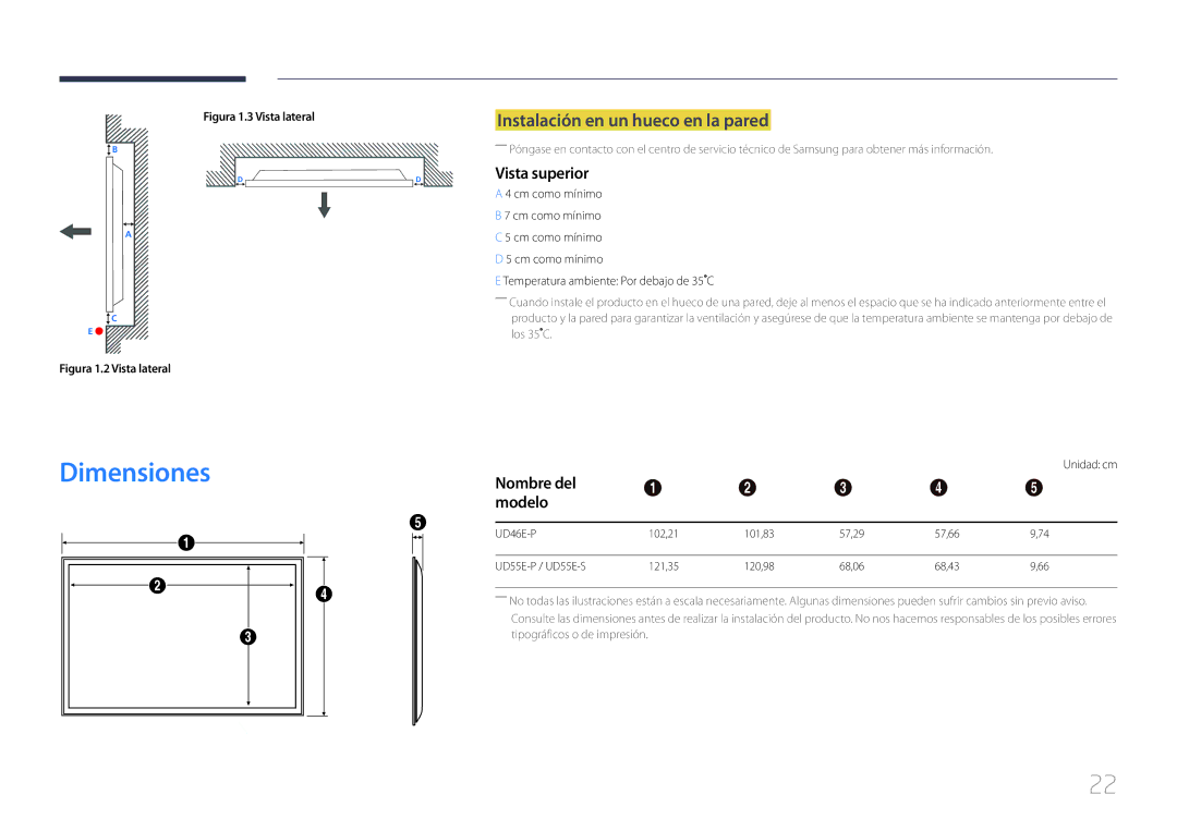 Samsung LH55UDEPLBB/EN Dimensiones, Instalación en un hueco en la pared, Vista superior, Nombre del Modelo, Unidad cm 