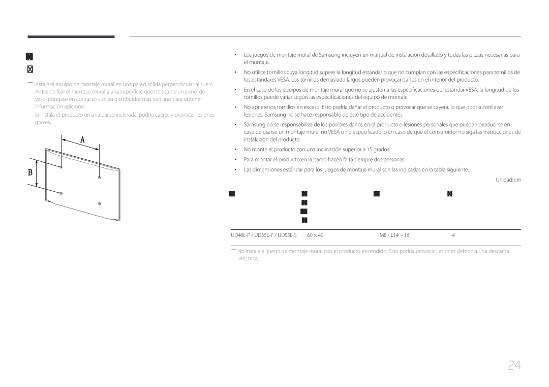 Samsung LH55UDEPLBB/EN, LH46UDEPLBB/EN manual Especificaciones del juego de montaje mural Vesa, En centímetros 