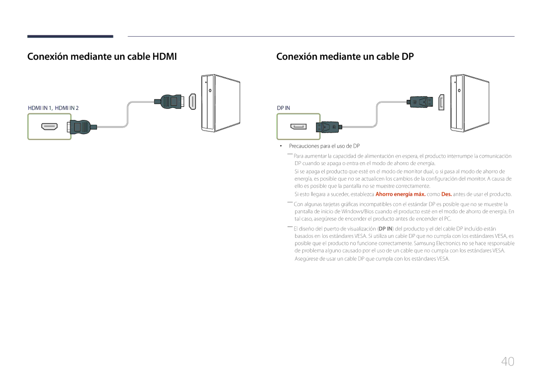 Samsung LH55UDEPLBB/EN Conexión mediante un cable Hdmi, Conexión mediante un cable DP, Precauciones para el uso de DP 