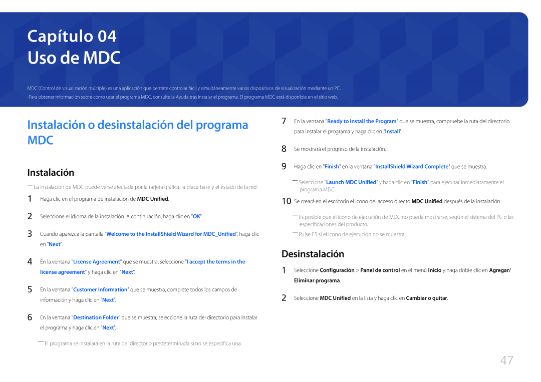 Samsung LH46UDEPLBB/EN, LH55UDEPLBB/EN manual Uso de MDC, Desinstalación, Eliminar programa 