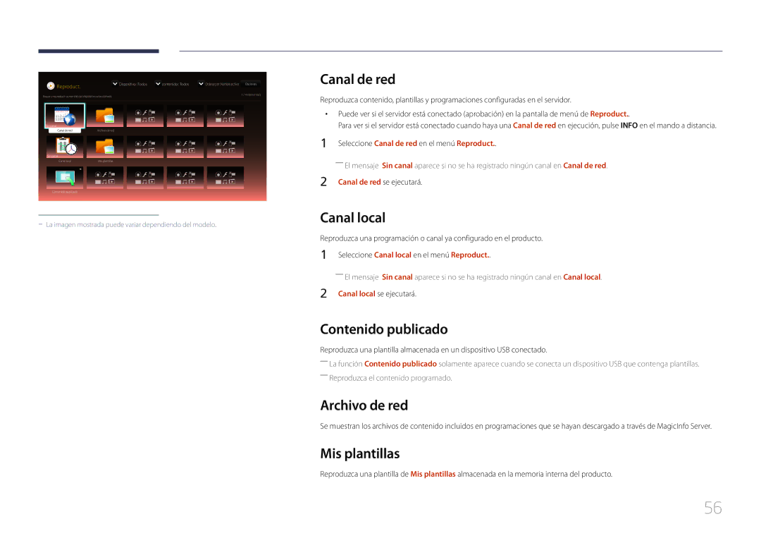 Samsung LH55UDEPLBB/EN, LH46UDEPLBB/EN manual Canal de red, Canal local, Contenido publicado, Archivo de red, Mis plantillas 