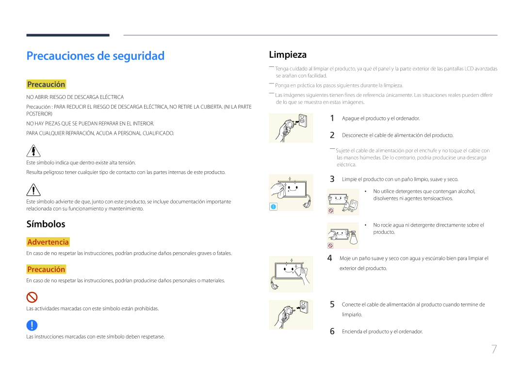 Samsung LH46UDEPLBB/EN manual Precauciones de seguridad, Limpieza, Símbolos, Precaución, Apague el producto y el ordenador 