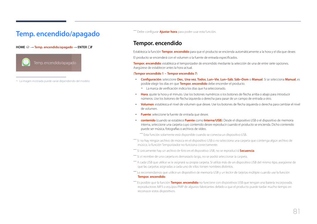 Samsung LH46UDEPLBB/EN, LH55UDEPLBB/EN manual Tempor. encendido, Home → Temp. encendido/apagado → Enter E 