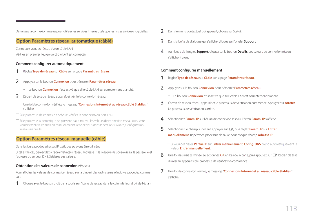 Samsung LH55UDEOLBB/EN manual 113, Option Paramètres réseau automatique câblé, Option Paramètres réseau manuelle câblé 