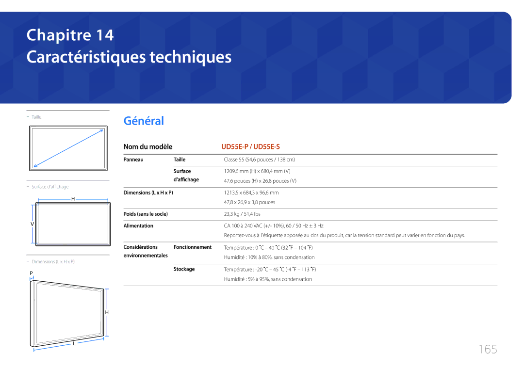 Samsung LH55UDEOLBB/EN, LH55UDEPLBB/EN manual Caractéristiques techniques, 165 