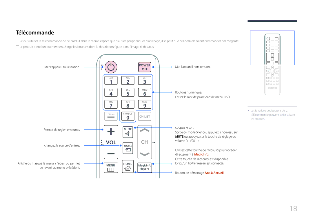 Samsung LH55UDEPLBB/EN, LH55UDEOLBB/EN manual Télécommande, Bouton de démarrage Acc. à Accueil 